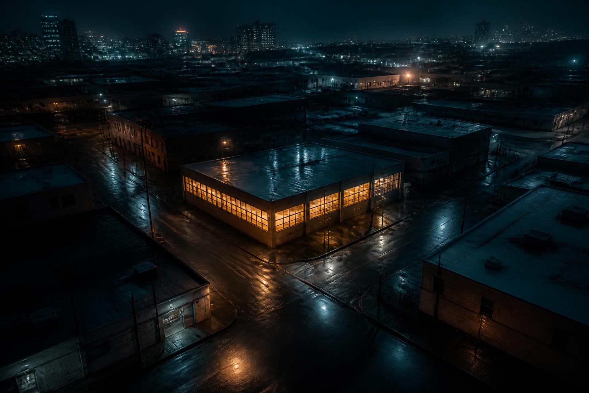 Night aerial view of a rain-slick industrial block with one warehouse lit from within